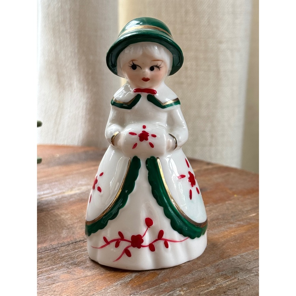Vintage Christmas‎ Bell Lady Figurine Green Gold Red Floral Hand Painted